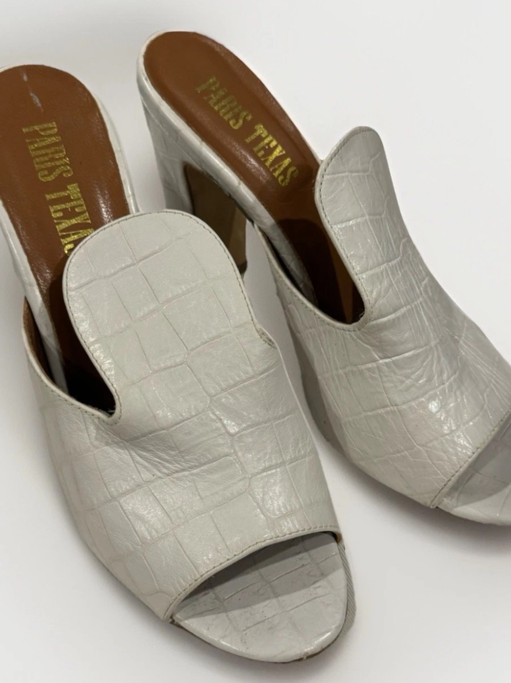 Paris Texas White Croc Print Block Heel Mules Size 38.5